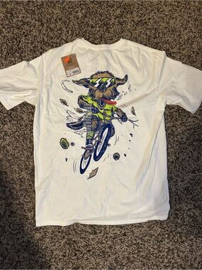 White Short-Sleeve Tee with Neon Green & Navy Biker Graphic